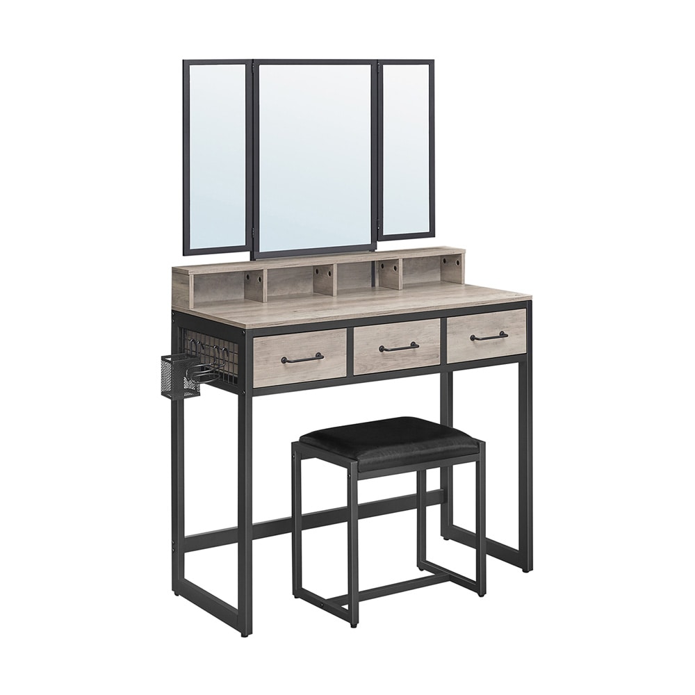 Sminkbord med spegel och pall / toalettbord med 3 lådor / industriell stil – gråbeige och svart