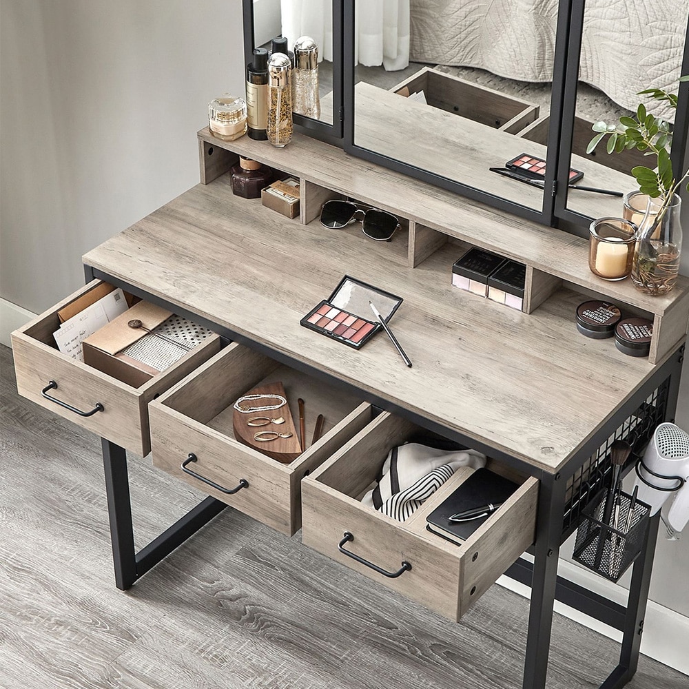 Sminkbord med spegel och pall / toalettbord med 3 lådor / industriell stil – gråbeige och svart
