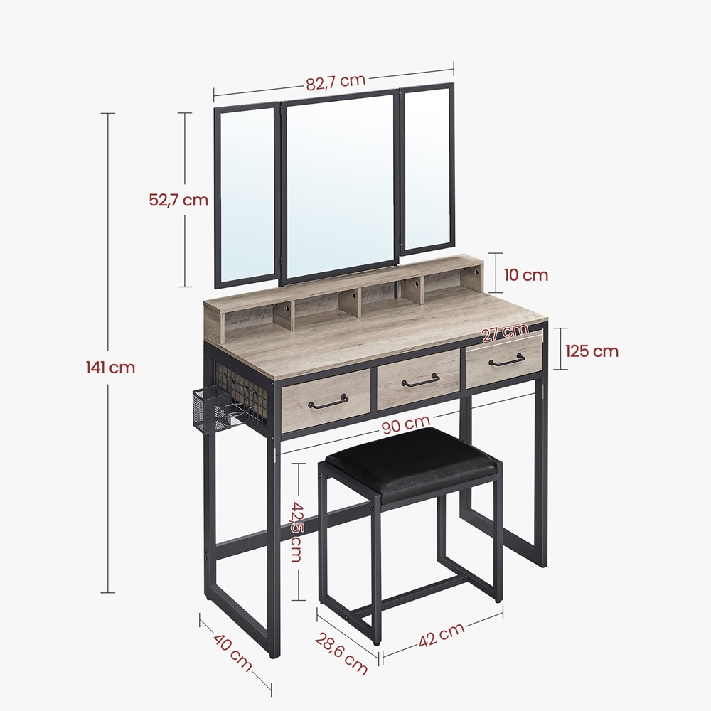 Sminkbord med spegel och pall / toalettbord med 3 lådor / industriell stil – gråbeige och svart