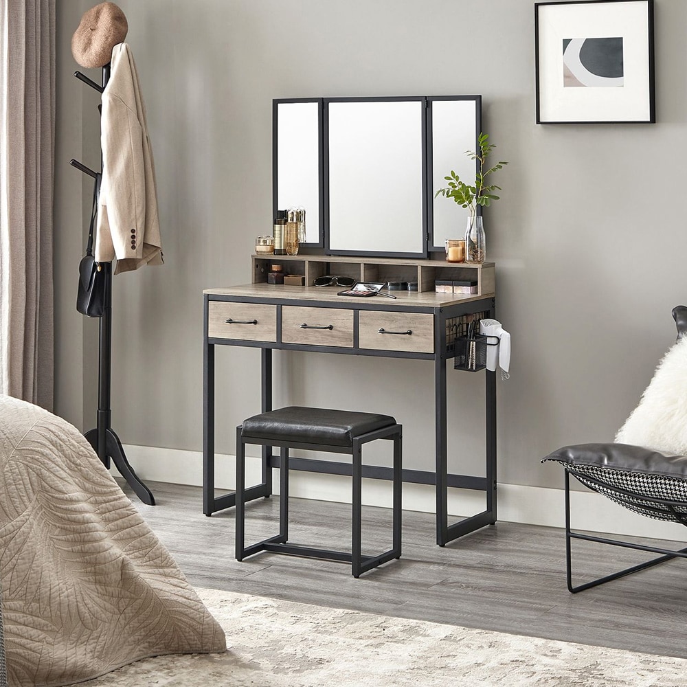 Sminkbord med spegel och pall / toalettbord med 3 lådor / industriell stil – gråbeige och svart