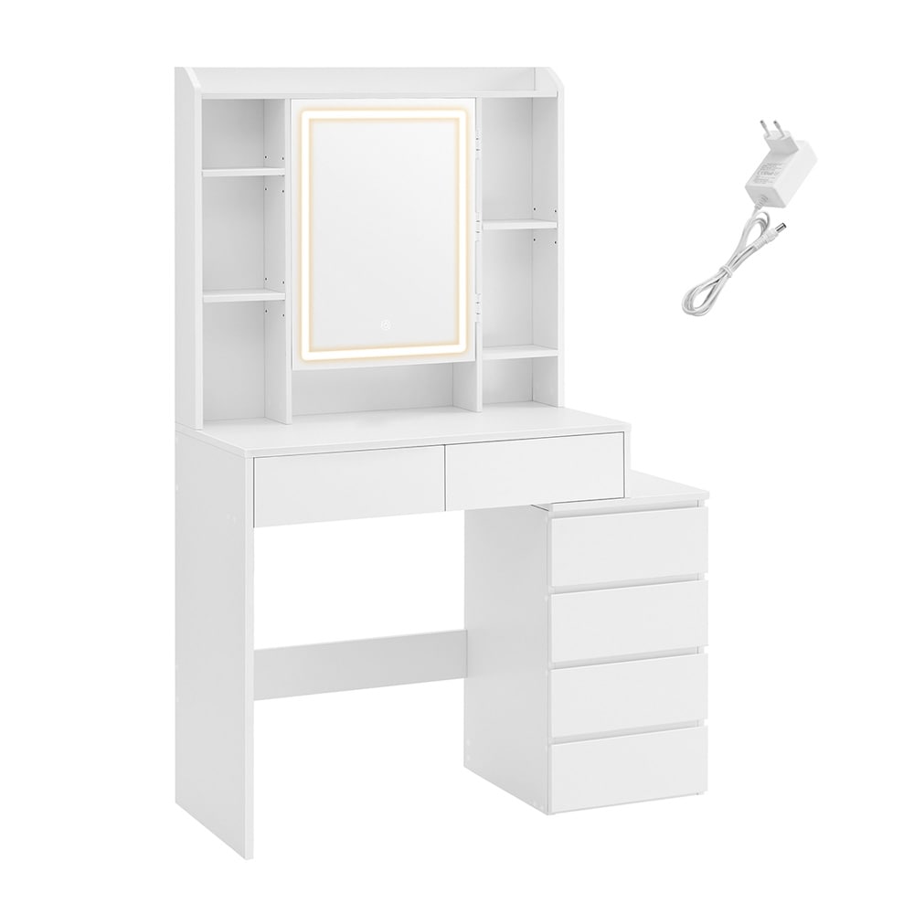 Sminkbord med LED-belysning 40 x 97,5 cm / toalettbord med spegel / vitt makeupbord med 6 lådor