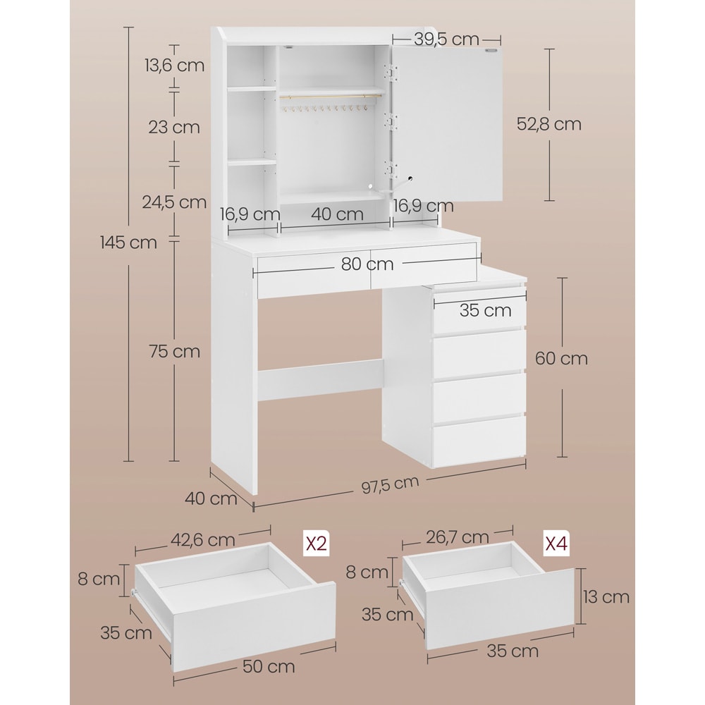 Sminkbord med LED-belysning 40 x 97,5 cm / toalettbord med spegel / vitt makeupbord med 6 lådor