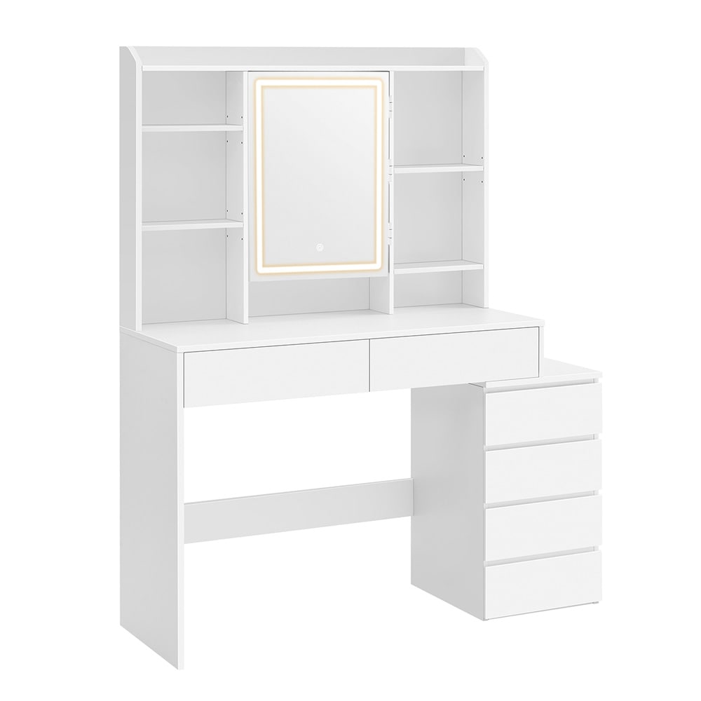 Sminkbord med LED-belysning 40 x 117,5 cm / toalettbord med spegel / vitt makeupbord med 6 lådor