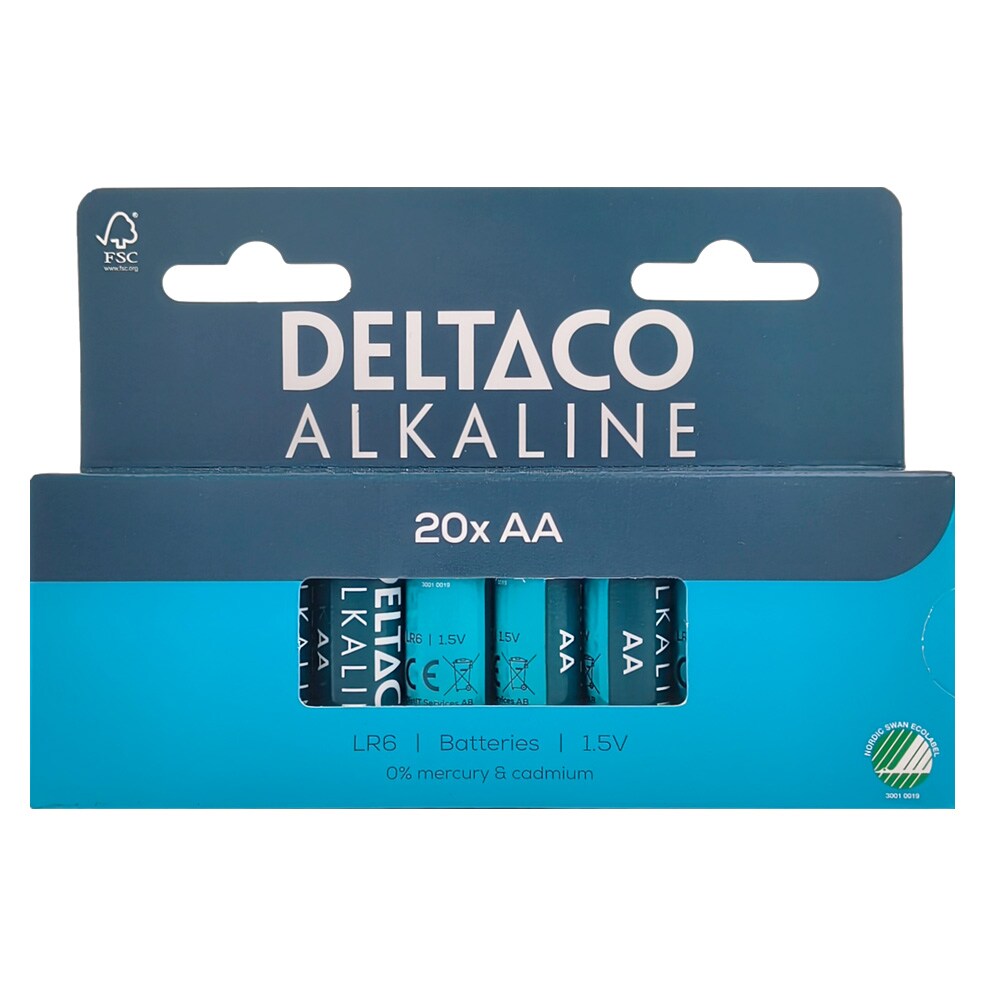 Deltaco Alkaline AA-batterier 20-pack / AA-batterier LR6 / Alkaliska AA-batterier