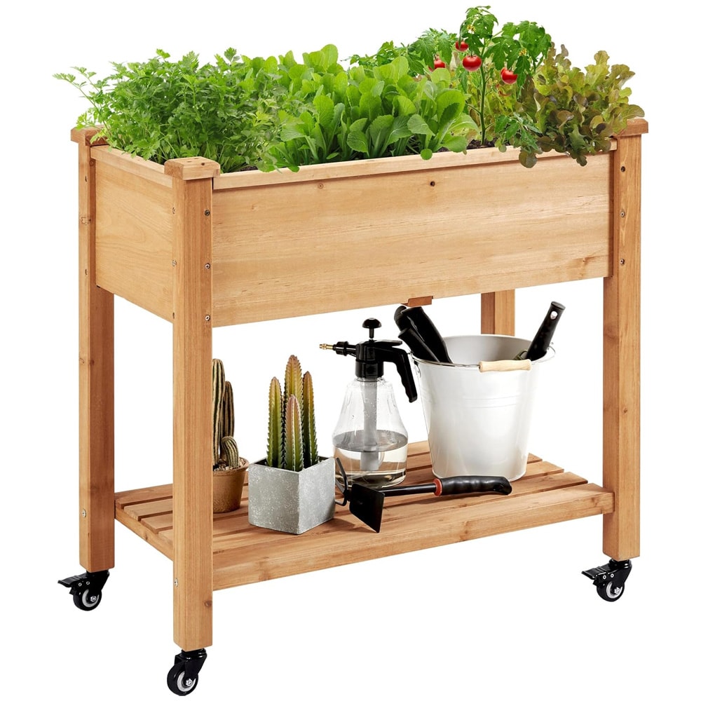 Odlingslåda på hjul 87 x 47 x 83,5 cm / upphöjd planteringslåda med hylla / blomlåda i trä
