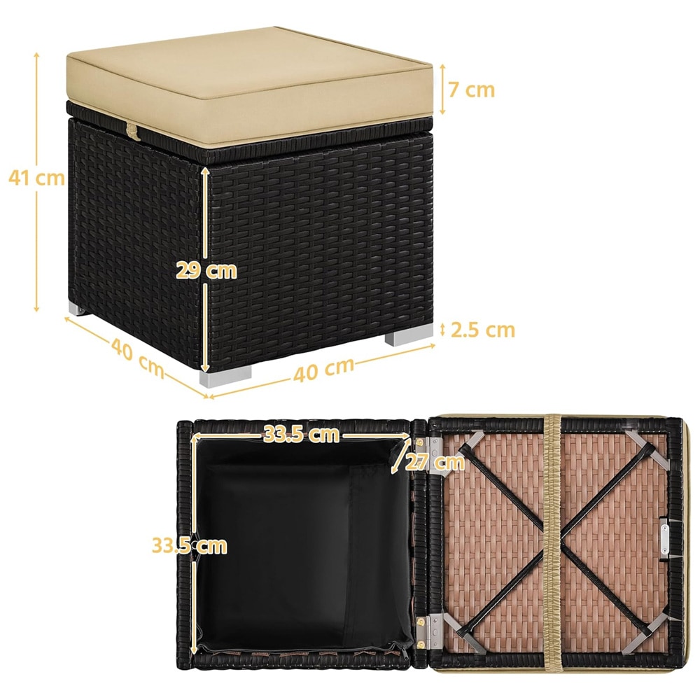 Pallar i konstrotting 2-pack 39 x 39 x 34 cm / bruna fotpallar med beige dynor och förvaring / sittpallar