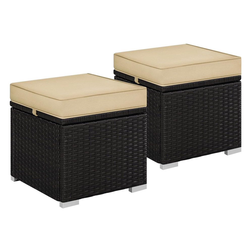 Pallar i konstrotting 2-pack 39 x 39 x 34 cm / bruna fotpallar med beige dynor och förvaring / sittpallar