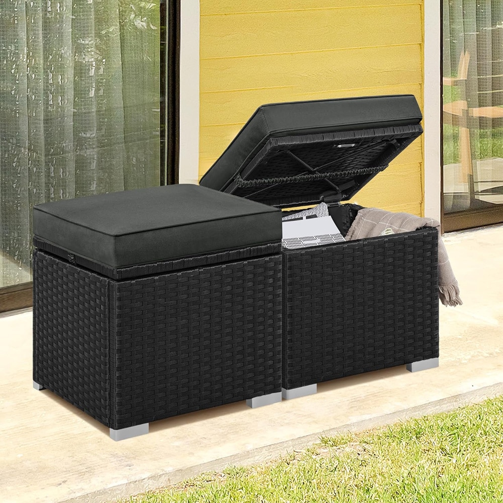 Pallar i konstrotting 2-pack 39 x 39 x 34 cm / svarta fotpallar med grå dynor och förvaring / sittpallar