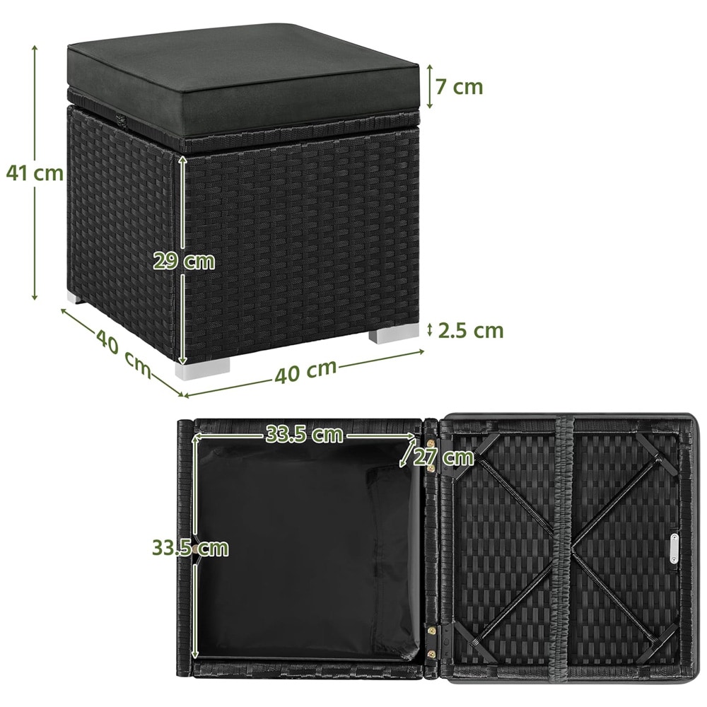 Pallar i konstrotting 2-pack 39 x 39 x 34 cm / svarta fotpallar med grå dynor och förvaring / sittpallar