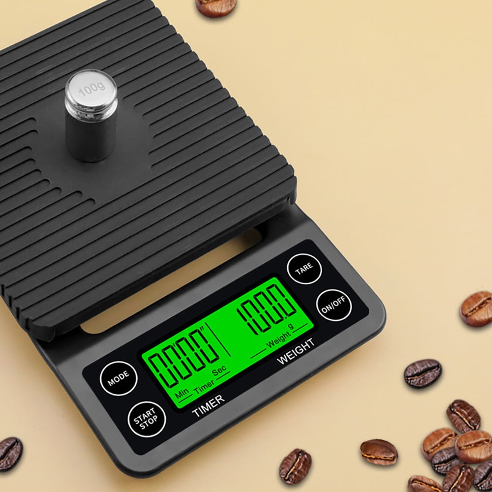 Kaffevægt med timer 5 kg / digital vægt med 0,1 g præcision / espressovægt med silikonemåtte