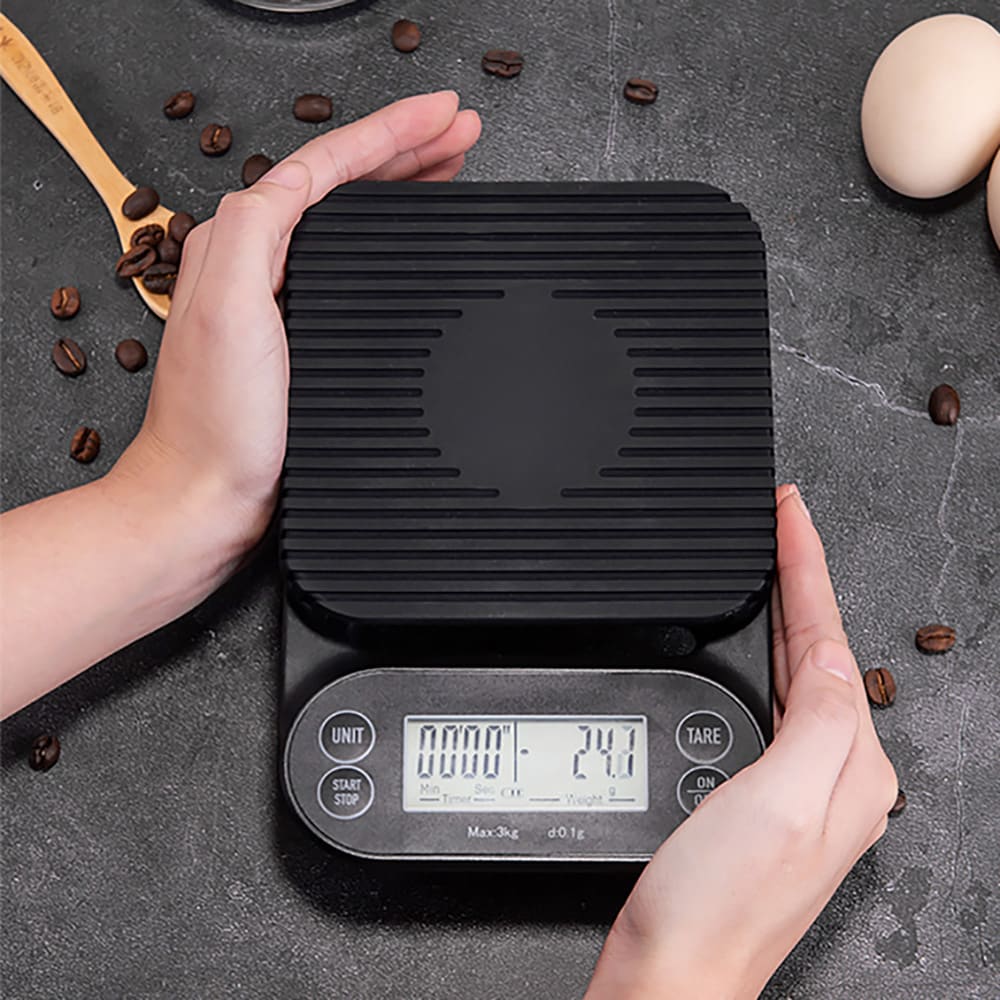 Kaffevægt med timer 3 kg / digital espressovægt med 0,1 g præcision / vægt med silikonemåtte