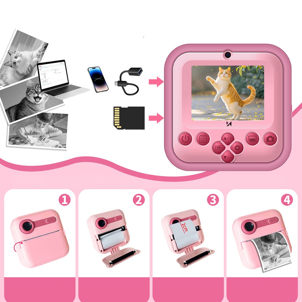 Wozinsky barnkamera med skrivare / instantkamera för barn / termisk kamera rosa