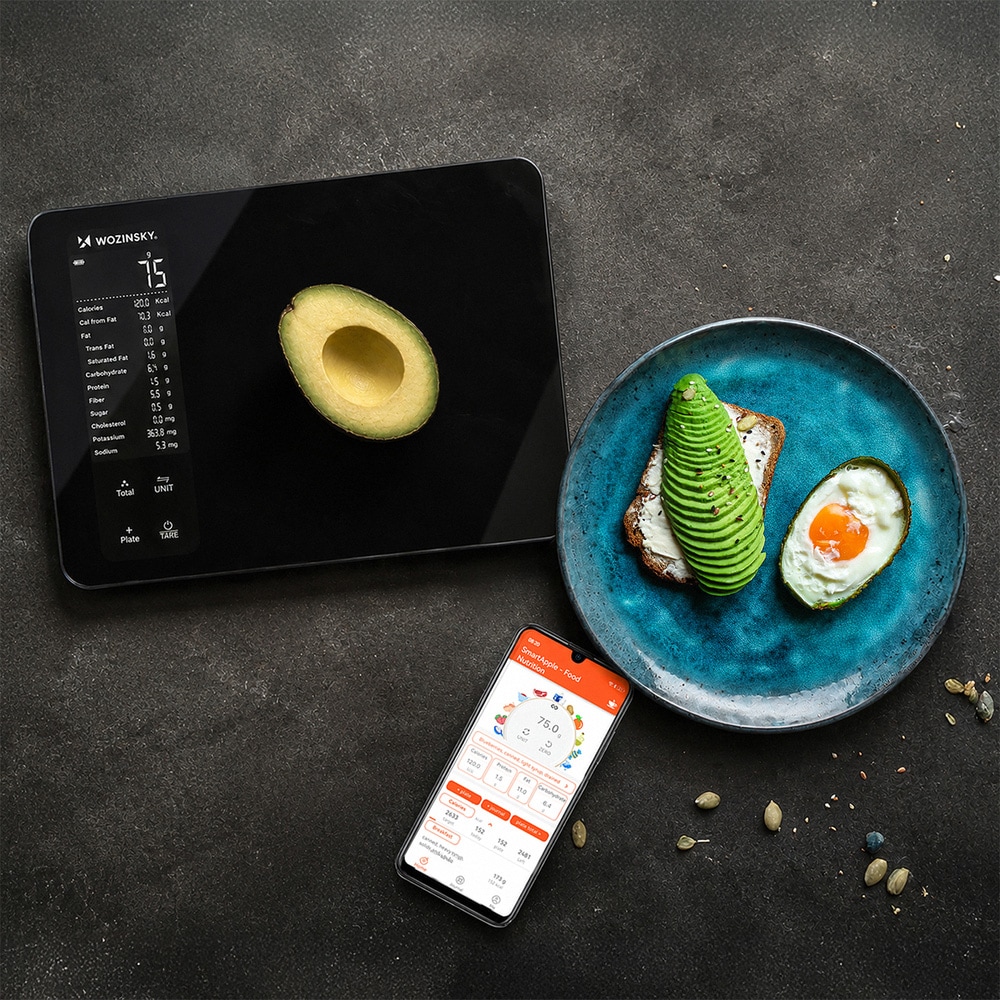 Wozinsky smart köksvåg svart / Bluetooth-våg med app / digital våg med näringsvärden och 10 kg kapacitet