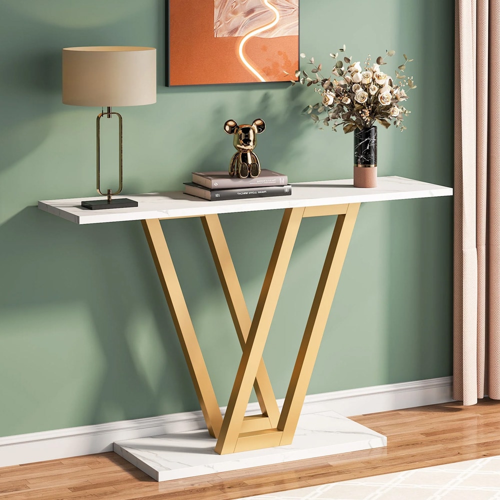 Konsolbord i guld och vit marmorlook 110x30cm / smalt avlastningsbord med metallram / hallbord / sidobord