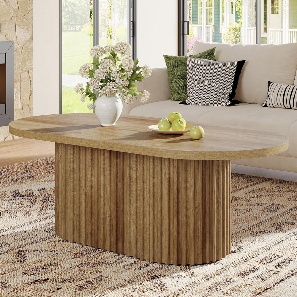 Ovalt soffbord 120 x 60 x 45 cm / rustikt vardagsrumsbord / träbord med ribbad struktur / brunt bord