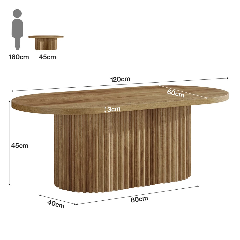 Ovalt soffbord 120 x 60 x 45 cm / rustikt vardagsrumsbord / träbord med ribbad struktur / brunt bord