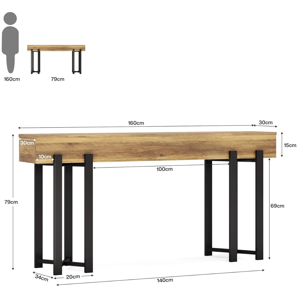 Konsolbord 160 x 30 x 79 cm / smalt hallbord / avlastningsbord med svart metallram / eklook