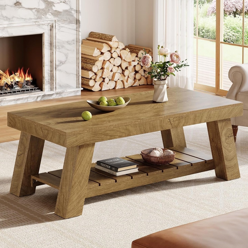 Soffbord 120 x 60 x 45 cm / rektangulärt vardagsrumsbord / brunt bord med underhylla / bord med V-formade ben