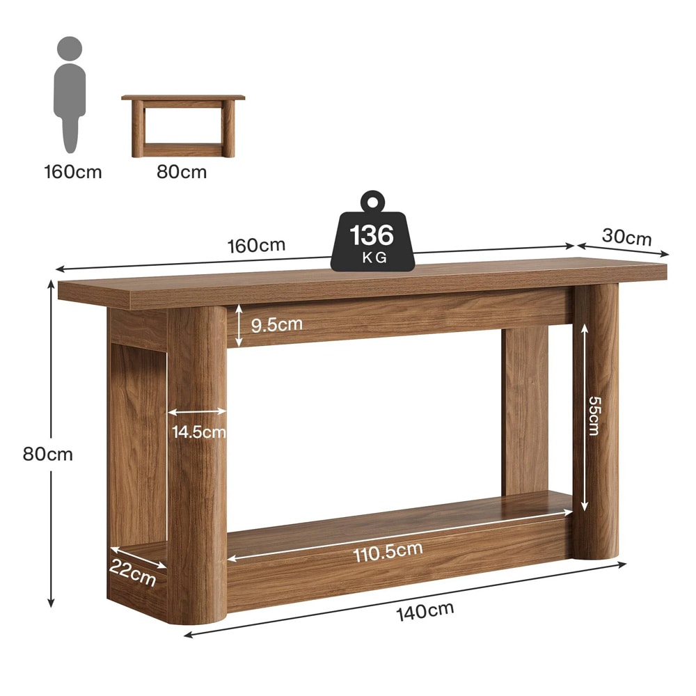 Konsolbord 160 x 30 x 80 cm / smalt hallbord / avlastningsbord med underhylla / rustikbrunt sidobord