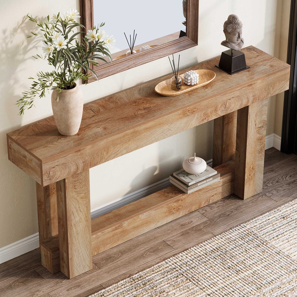 Konsolbord 160 x 30 x 85 cm / smalt hallbord / avlastningsbord med underhylla / sidobord i ljusbrun eklook