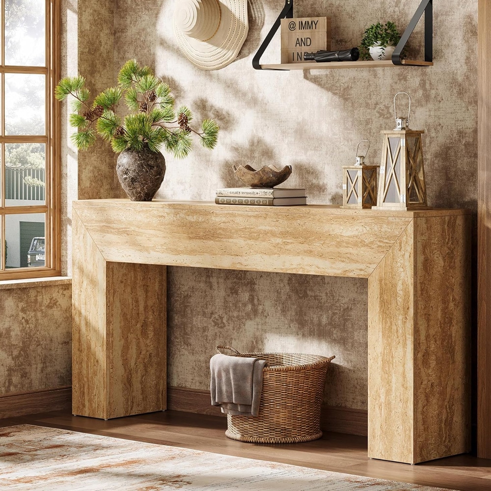 Konsolbord 160 x 30 x 80 cm / smalt hallbord / avlastningsbord i travertinlook / ljusbrunt sidobord