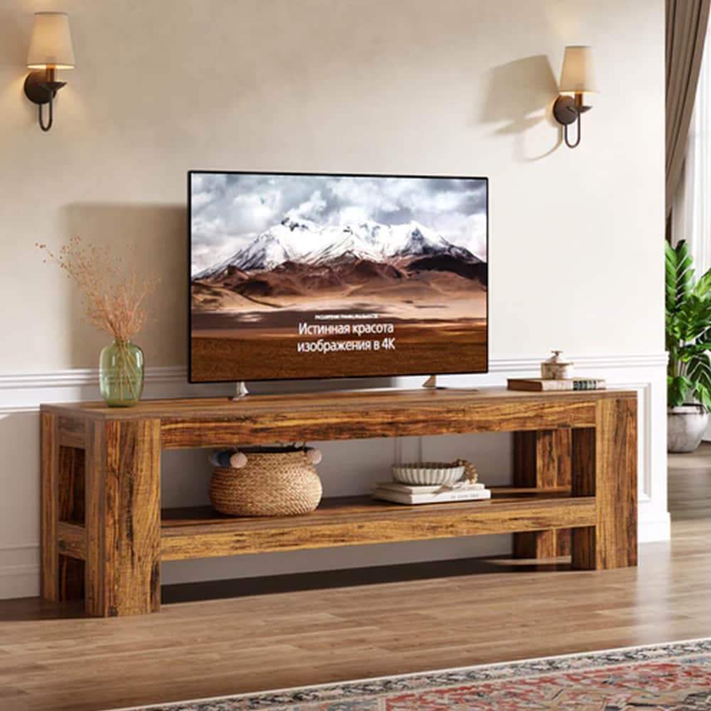 TV-möbel i trä 150 cm / tv-bänk i trä med förvaringshylla / rustik mediabänk