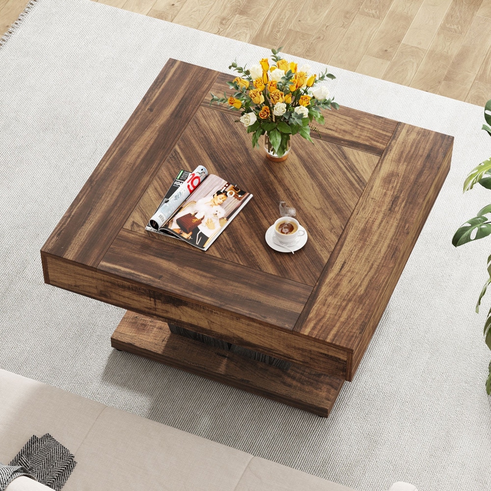 Soffbord 80 x 80 x 50 cm / fyrkantigt vardagsrumsbord / rustikbrunt bord med svart kryssram