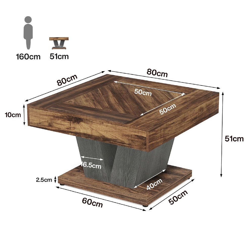 Soffbord 80 x 80 x 50 cm / fyrkantigt vardagsrumsbord / rustikbrunt bord med svart kryssram