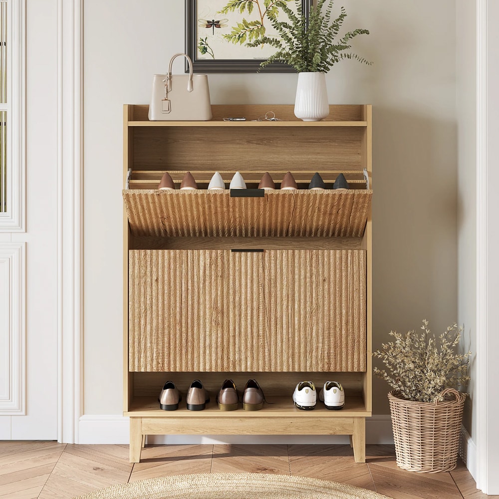 Skoskåp 80 x 24 x 115 cm / smalt skoförvaringsskåp / skobyrå / skoförvaring med 2 luckor och lådor