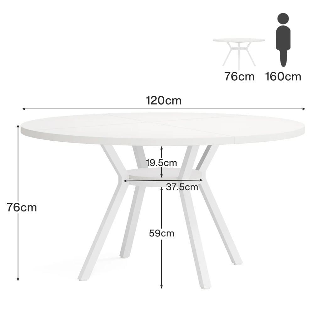 Runt matbord Ø 120 x 76 cm / köksbord för 4–6 personer / vitt bord med metallunderrede