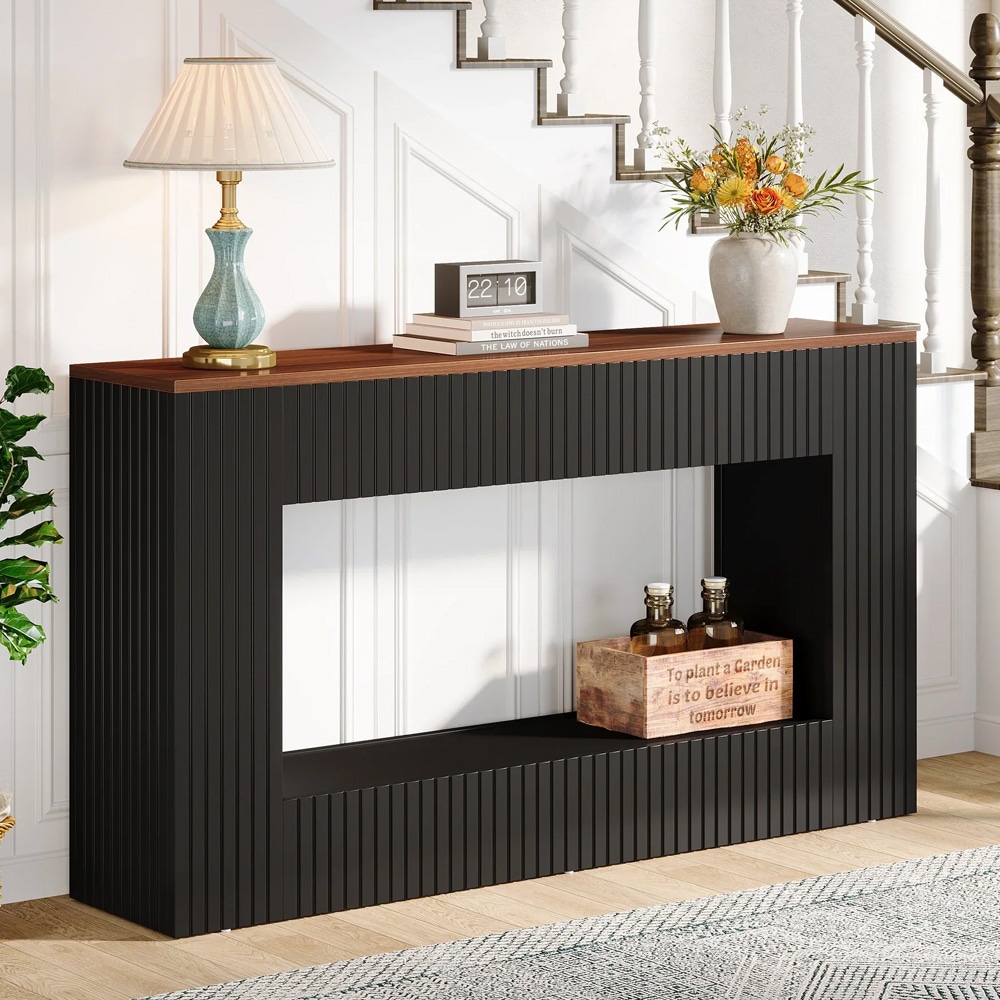 Konsolbord 140 x 30 x 85 cm / hallbord med underhylla / svart sidobord med brun toppskiva