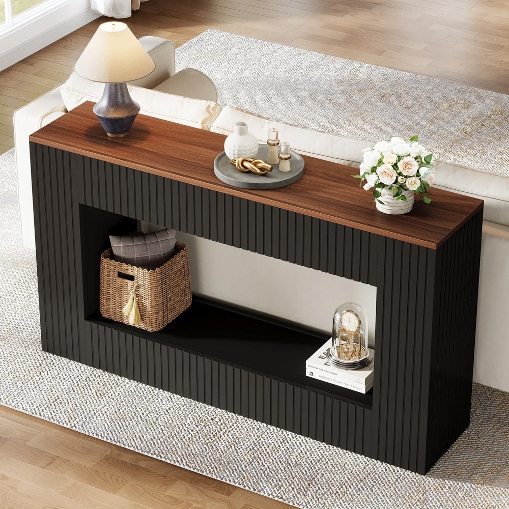 Konsolbord 140 x 30 x 85 cm / hallbord med underhylla / svart sidobord med brun toppskiva