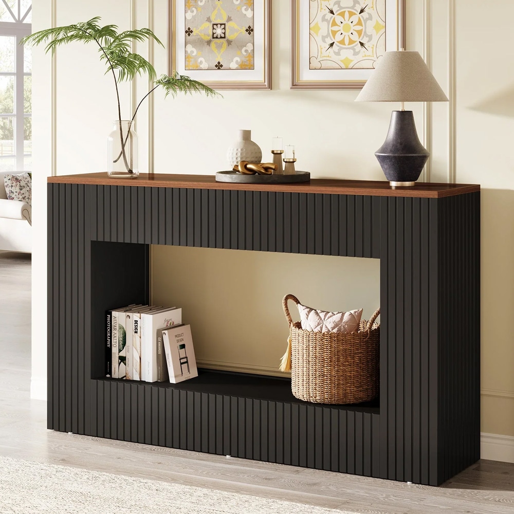 Konsolbord 140 x 30 x 85 cm / hallbord med underhylla / svart sidobord med brun toppskiva