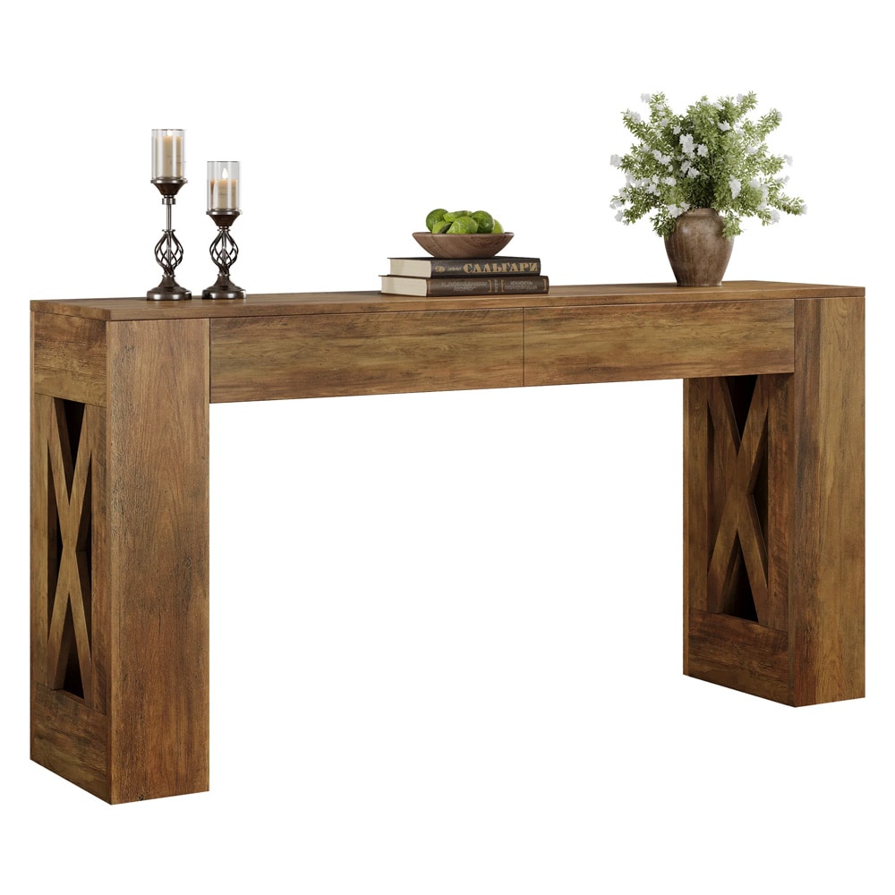 Konsolbord 160 x 35 x 85 cm / smalt hallbord med 2 lådor / sidobord med X-ben i varmbrun lantlig stil