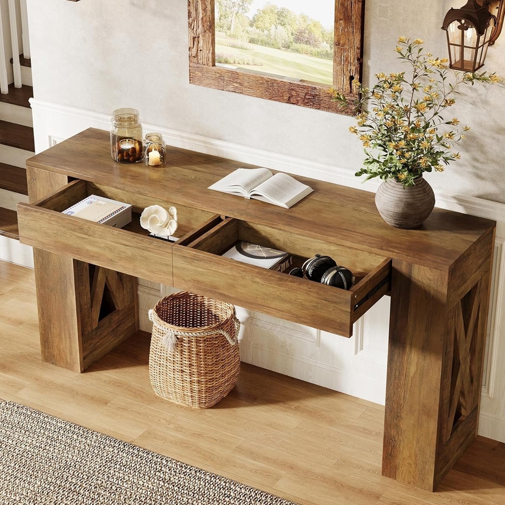 Konsolbord 160 x 35 x 85 cm / smalt hallbord med 2 lådor / sidobord med X-ben i varmbrun lantlig stil