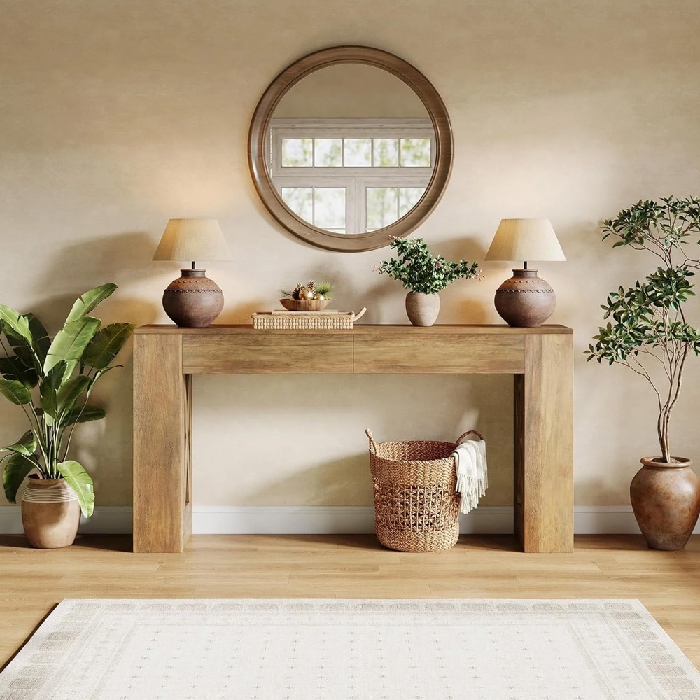 Konsolbord 160 x 35 x 85 cm / smalt hallbord med 2 lådor / sidobord med X-ben i varmbrun lantlig stil