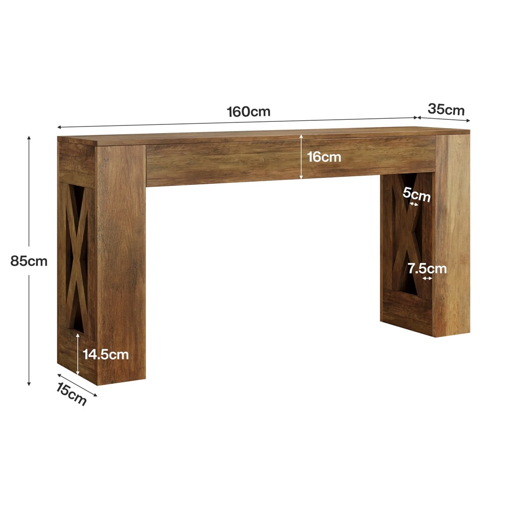 Konsolbord 160 x 35 x 85 cm / smalt hallbord med 2 lådor / sidobord med X-ben i varmbrun lantlig stil