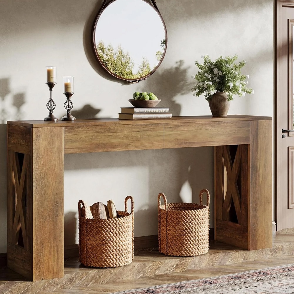 Konsolbord 160 x 35 x 85 cm / smalt hallbord med 2 lådor / sidobord med X-ben i varmbrun lantlig stil