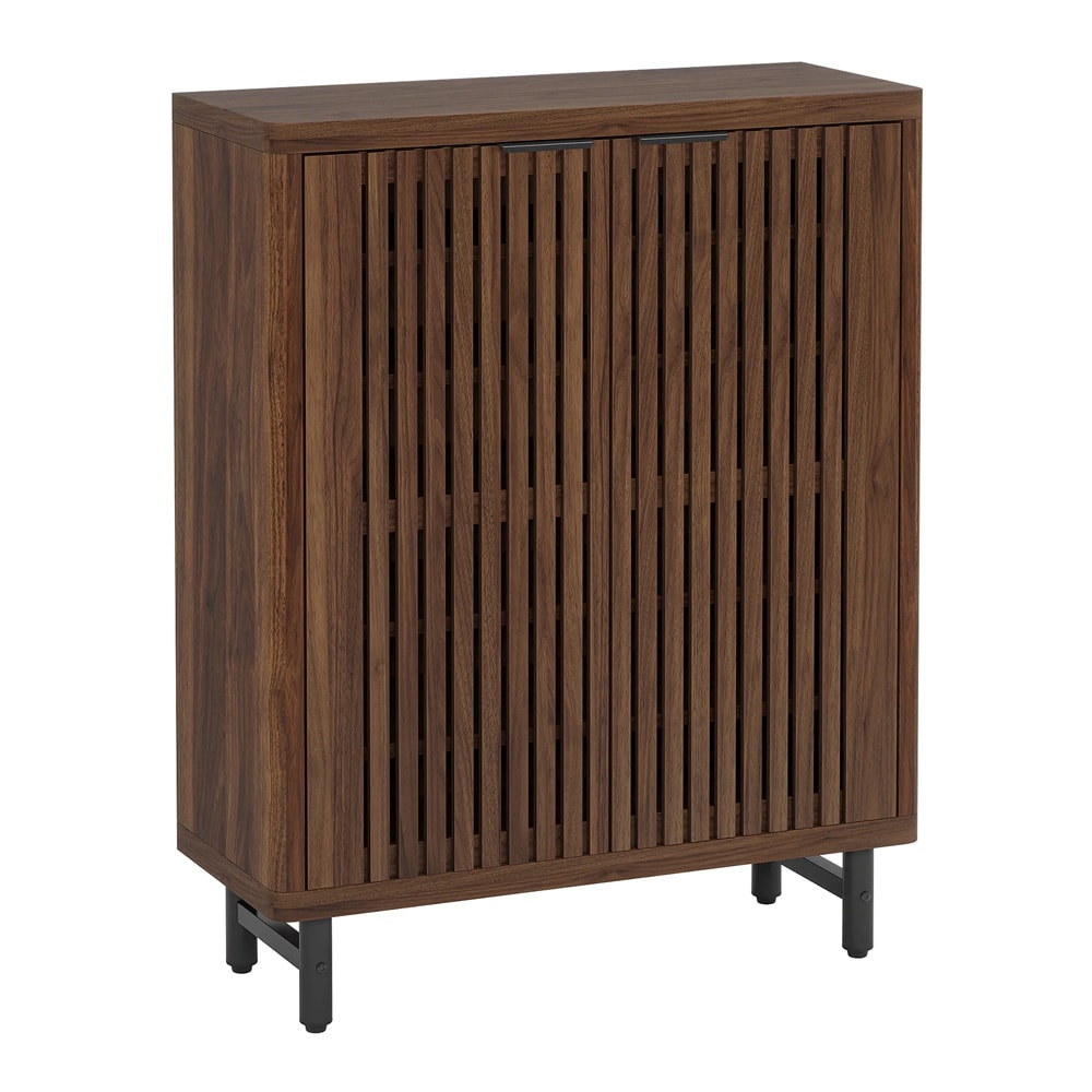 Skoskåp 85 x 35 x 110 cm i mörk valnötslook / skoförvaring med jalusidörrar / skåp med justerbara hyllor