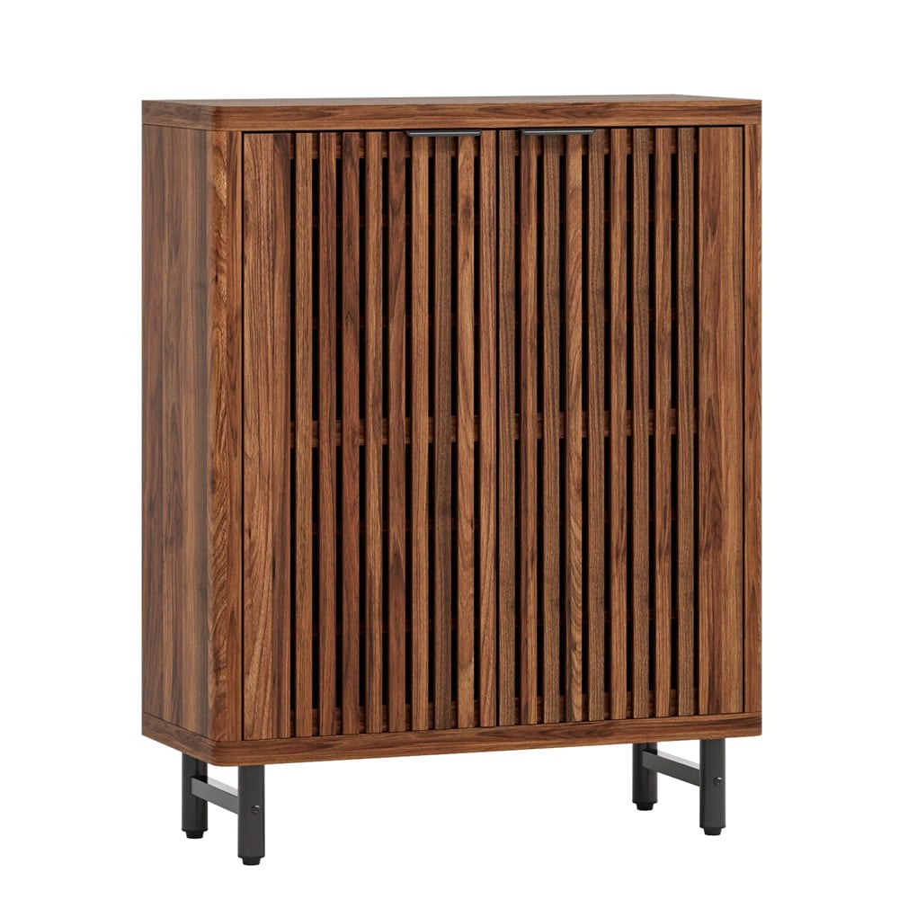 Skoskåp 85 x 35 x 110 cm / skoförvaring i mörk valnötslook / skåp med jalusidörrar och justerbara hyllor