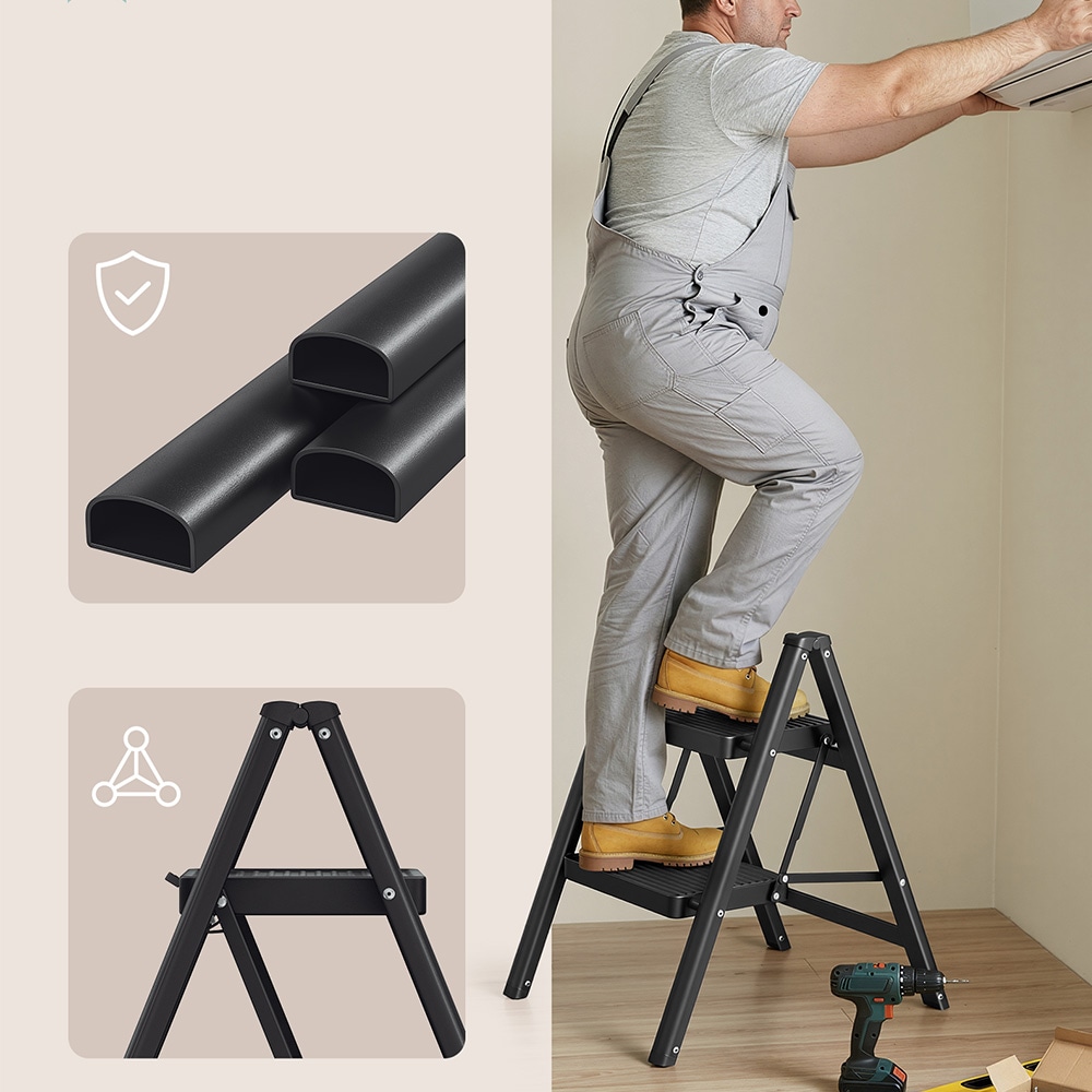 Hopfällbar trappstege med 2 steg / stegpall i stål / svart hushållsstege 150 kg