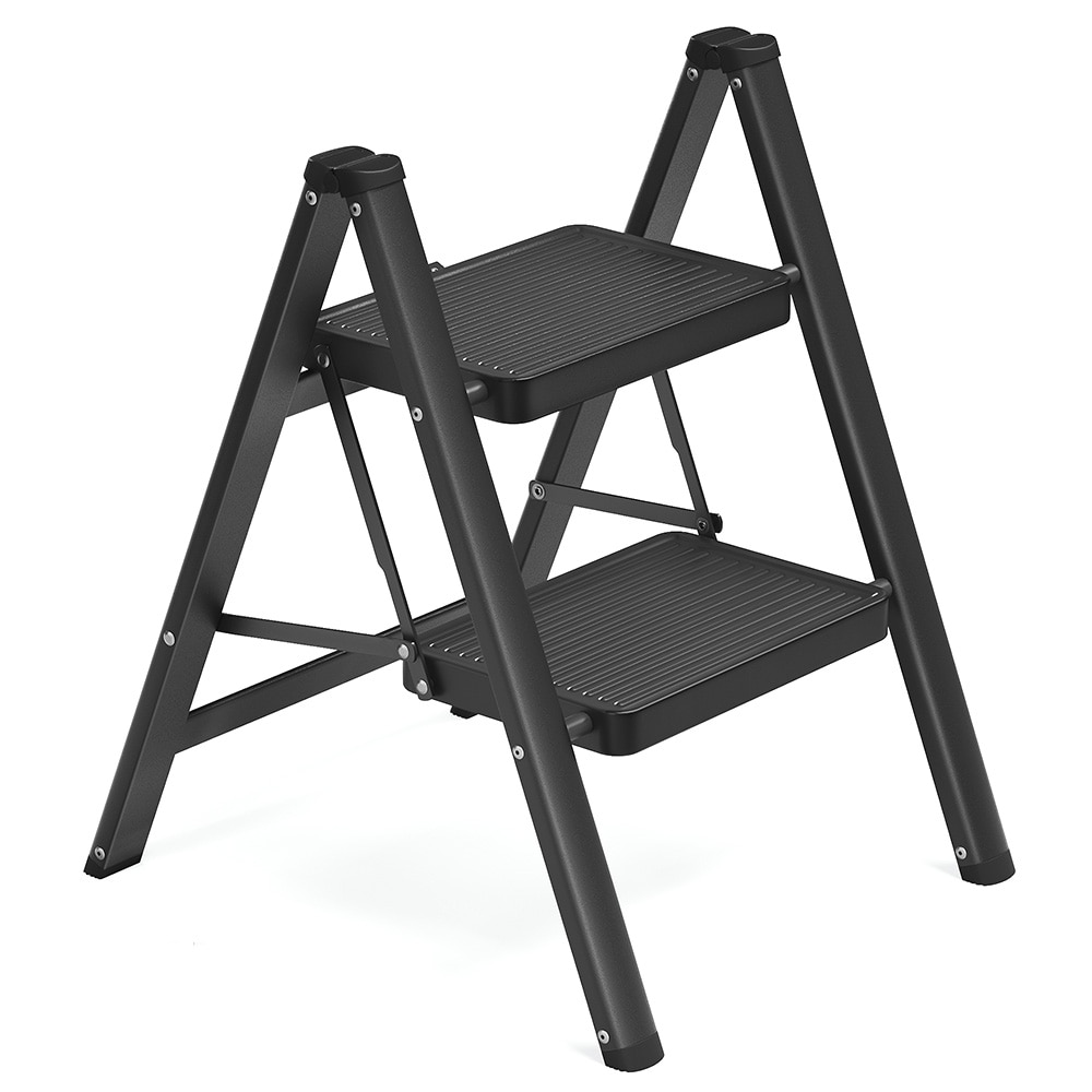 Hopfällbar trappstege med 2 steg / stegpall i stål / svart hushållsstege 150 kg