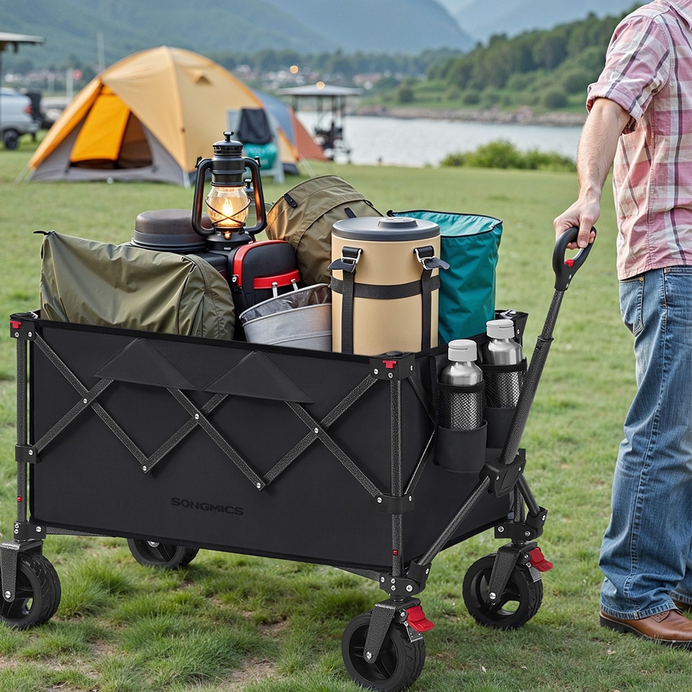Hopfällbar dragvagn (bollerkärra) 150 l - svart / hopfällbar handkärra / campingvagn