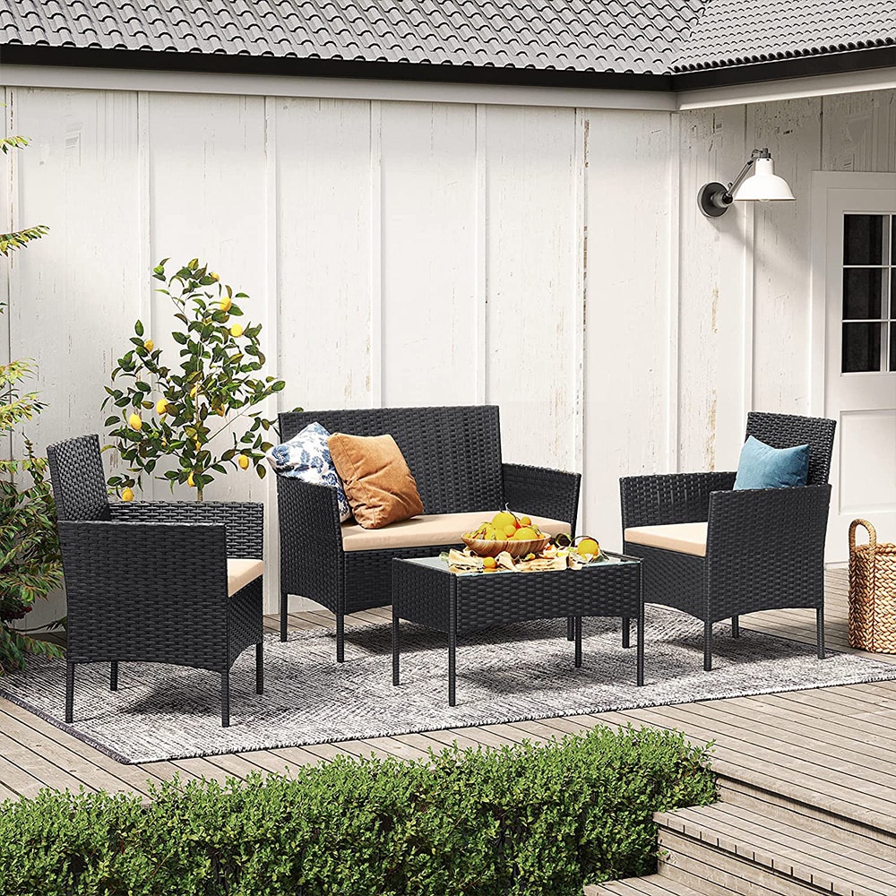 Loungeset i konstrotting 4 delar - 2 stolar, 2-sitssoffa och bord - Svart