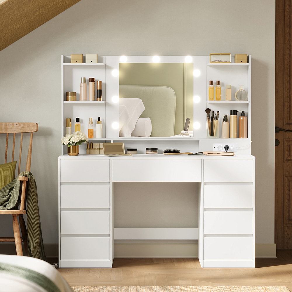 Sminkbord med LED-spegel, 9 lådor och eluttag - Vit / sminkbord med spegel och laddningsstation