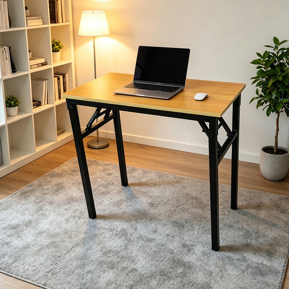 Hopfällbart bord 80×40×75 cm / fällbart skrivbord med stålram / monteringsfritt datorbord – Bambu/svart