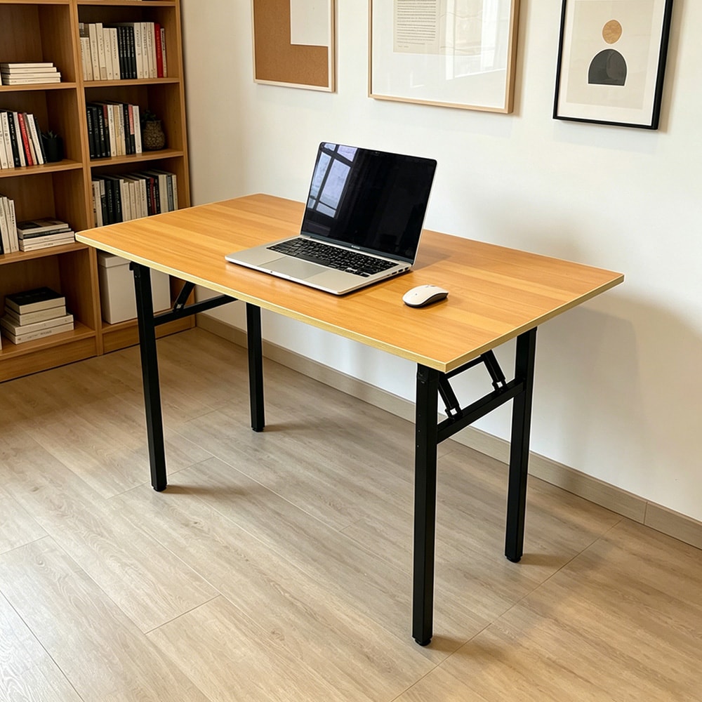 Hopfällbart bord 120×60×75 cm / fällbart skrivbord med stålram / monteringsfritt datorbord – Bambu/svart