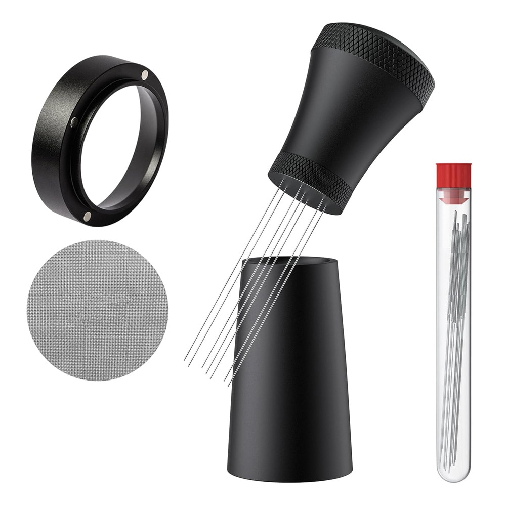 Espressokit 58,5 mm / baristakit med WDT-verktyg, doseringstratt och puckfilter / svarta espressotillbehör