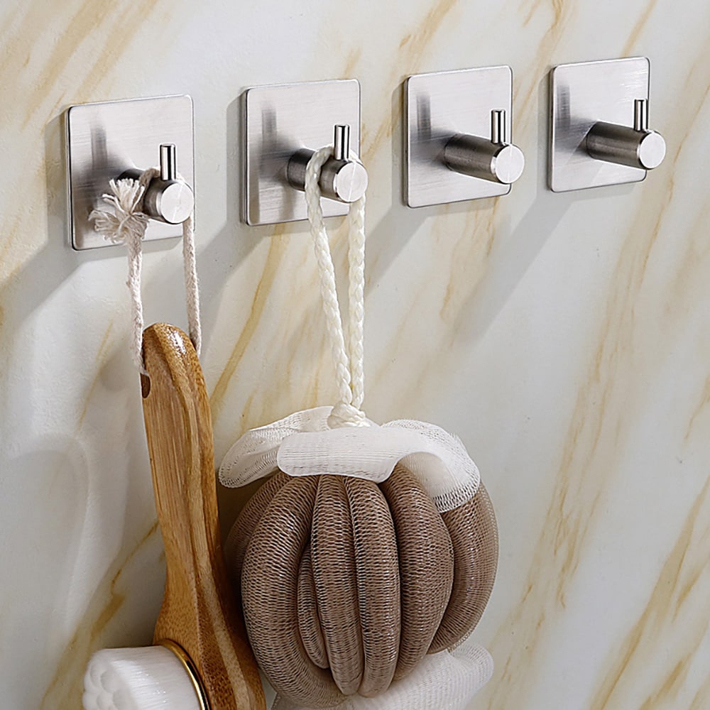 Krok i rostfritt stål 4-pack - Silver / Självhäftande väggkrok