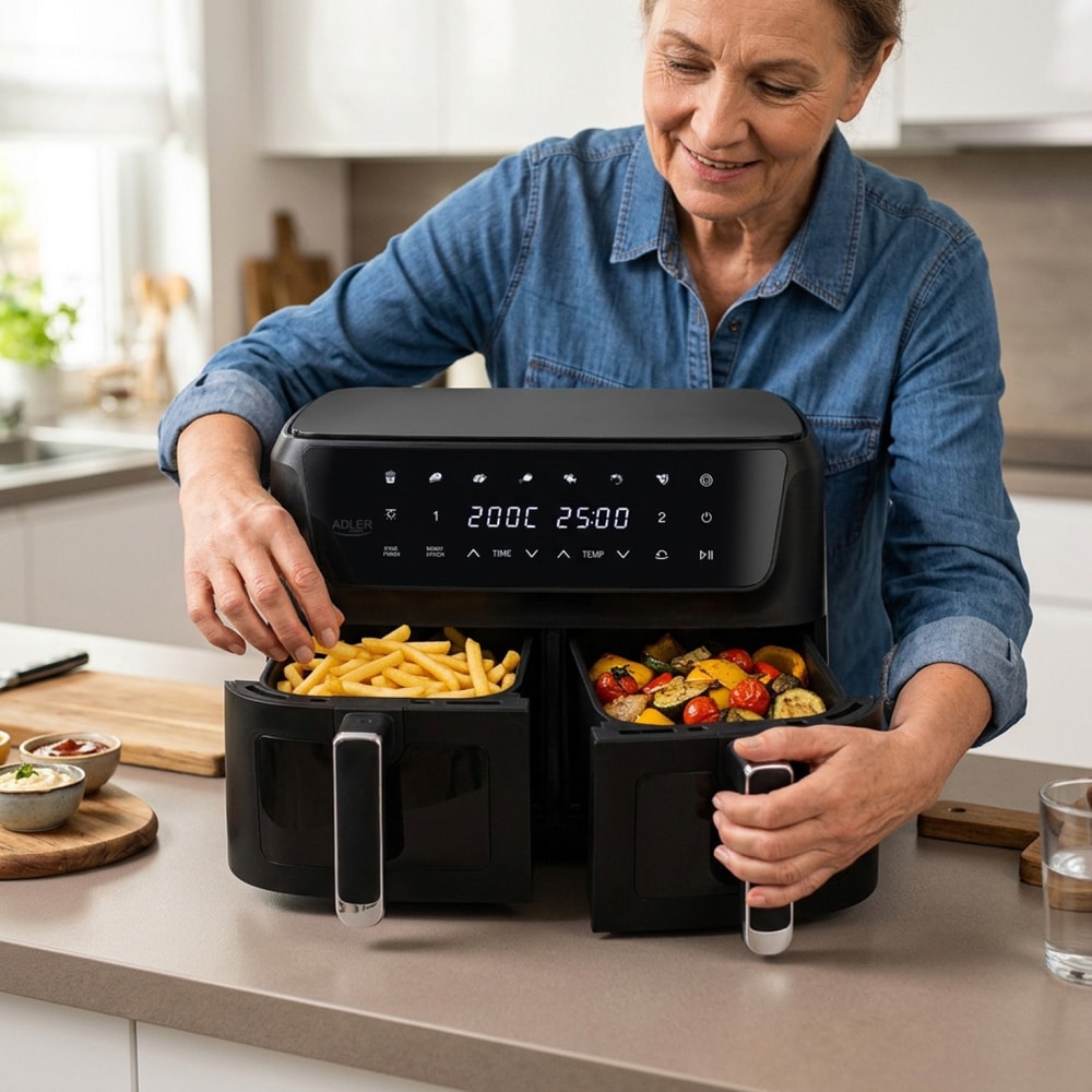 Adler Dual Air Fryer 6,5 l + 4,5 l / Dubbel airfryer / Varmluftsfritös med två korgar